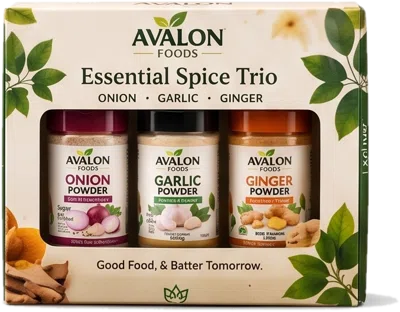 Essential Spice Trio gift box with onion, garlic and ginger powder jars