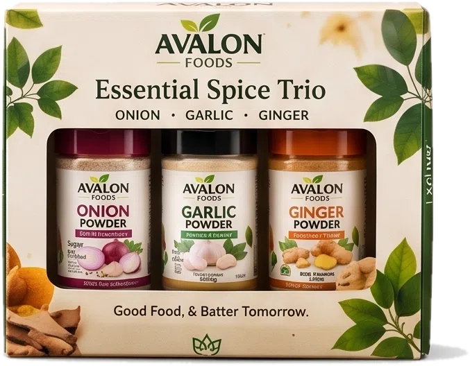 Essential Spice Trio gift box with onion, garlic and ginger powder jars